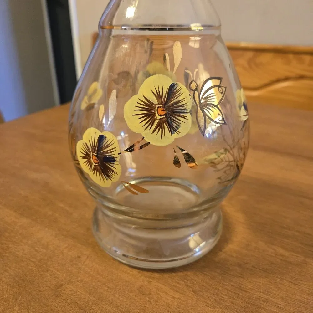 Vintage MCM Romanian Blown Glass Decanter Gold Detail Butterfly Flowers, 15